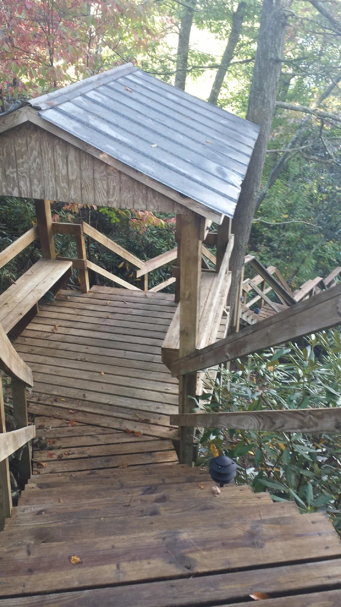 Metal roofed shelter over wooden steps on a wooded walkway — Skylight Repair & Installation work by our crew in Ritzville
